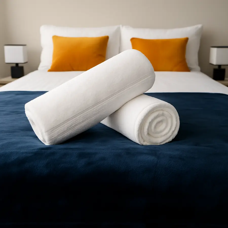 Fresh white towels and clean bedding prepared for a new guest arrival